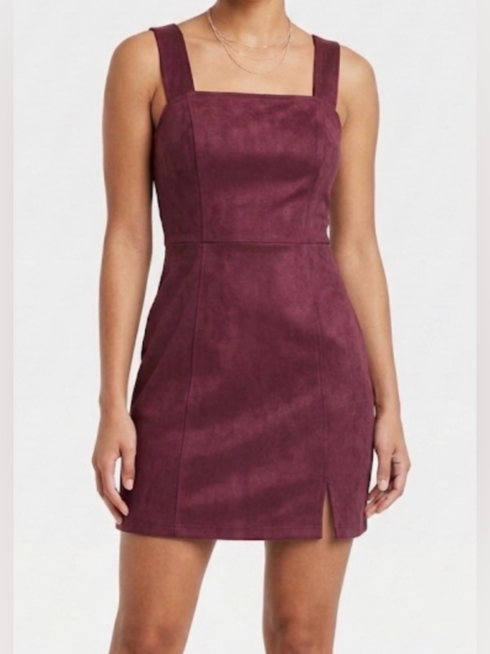 Mi Ami Faux Suede Mini Dress Medium M Burgundy Maroon Square Neck Slit Zip Back